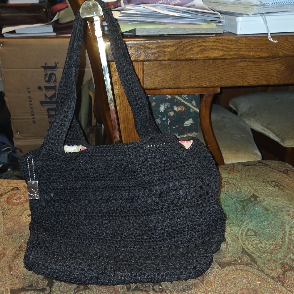 Lina Black Crochet Shoulder Bag W/pink Floral Lining EUC